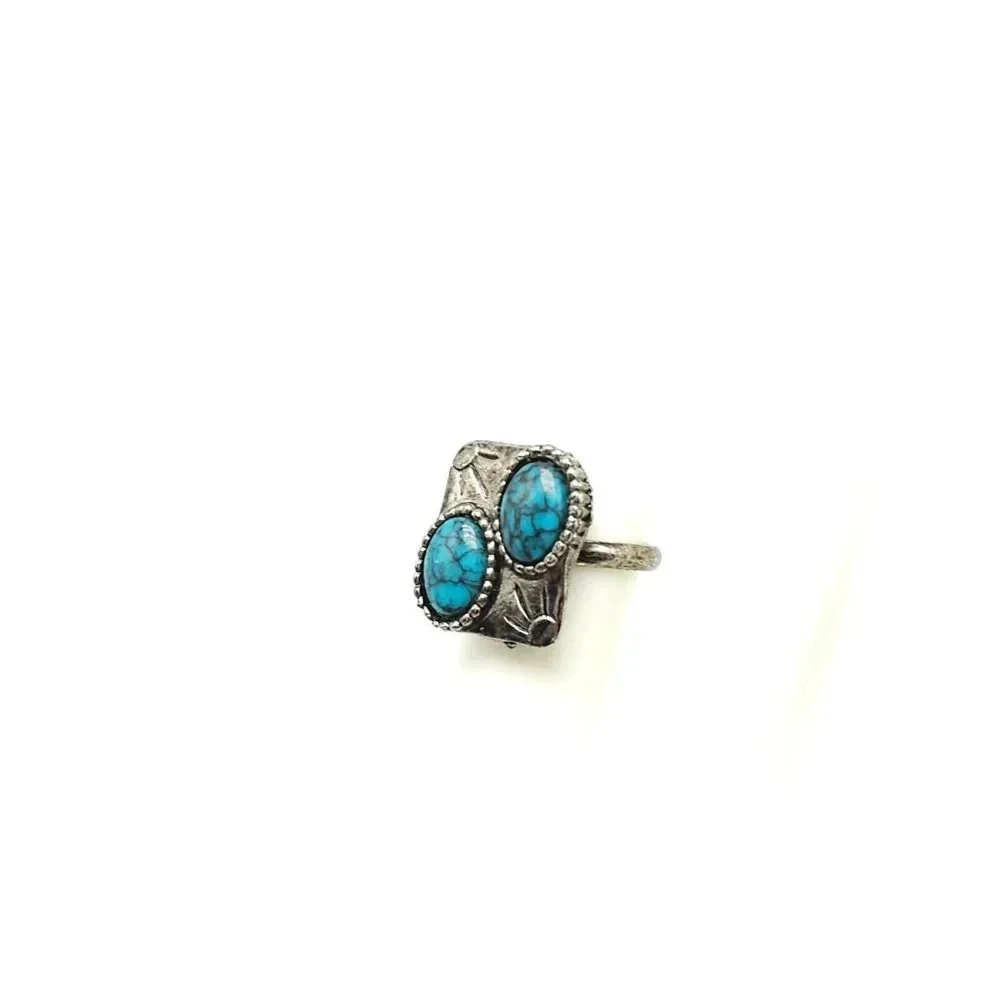 Faux Blue Turquoise Southwest Silver Tone Vintage 1970s Square Ring Size 7.25